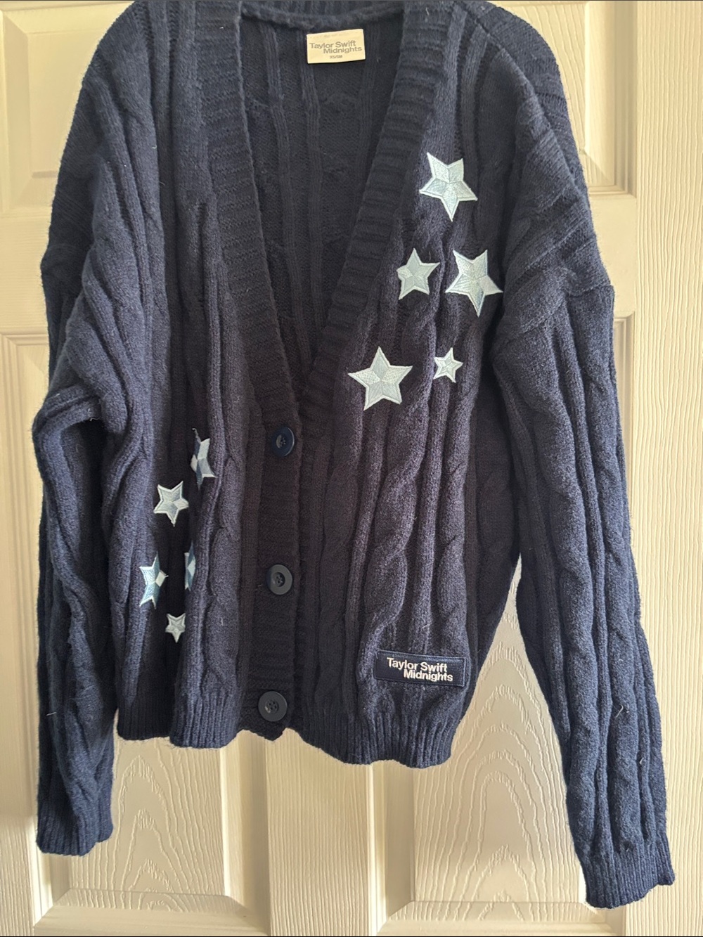 Taylor Swift Navy Cable-Knit Cardigan with Light Blue Star Patches